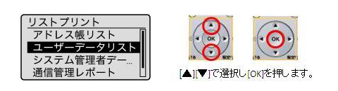 本体液晶の表示内容（リストプリント）と、そこでの画面操作を説明する操作パネル写真