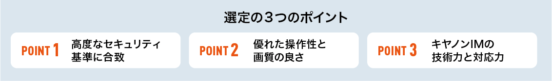選定の3つのポイント POINT1 高度なセキュリティ基準に合致 POINT2 優れた操作性と画質の良さ POINT3 キヤノンIMの技術力と対応力