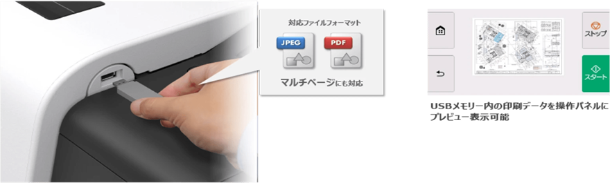 対応ファイルフォーマット JPEG PDF マルチページにも対応 USBメモリー内の印刷データを操作バネルにプレビュー表示可能
