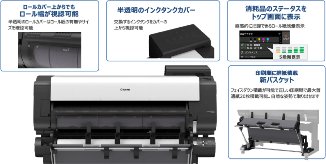 ロールカバー上からでもロール幅が視認可能：半透明のロールカバーはロール紙の有無やサイズを確認可能／半透明のインクタンクカバー：交換するインクタンクをカバーの上から視認可能／消耗品のステータスをトップ画面に表示：直感的に把握できるロール紙残量表示／印刷順に排紙積載 新バスケット：フェイスダウン積載が可能で正しい印刷順で最大普通紙20枚積載可能。自然な姿勢で取り出せます