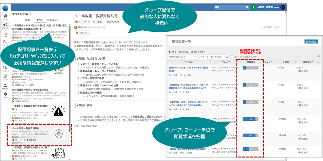 配信記事を一覧表示「カテゴリ」や「お気に入り」で必用な情報を探しやすい／グループ配信で必用な人に漏れなく一括案内／グループ、ユーザー単位で閲覧状況を把握
