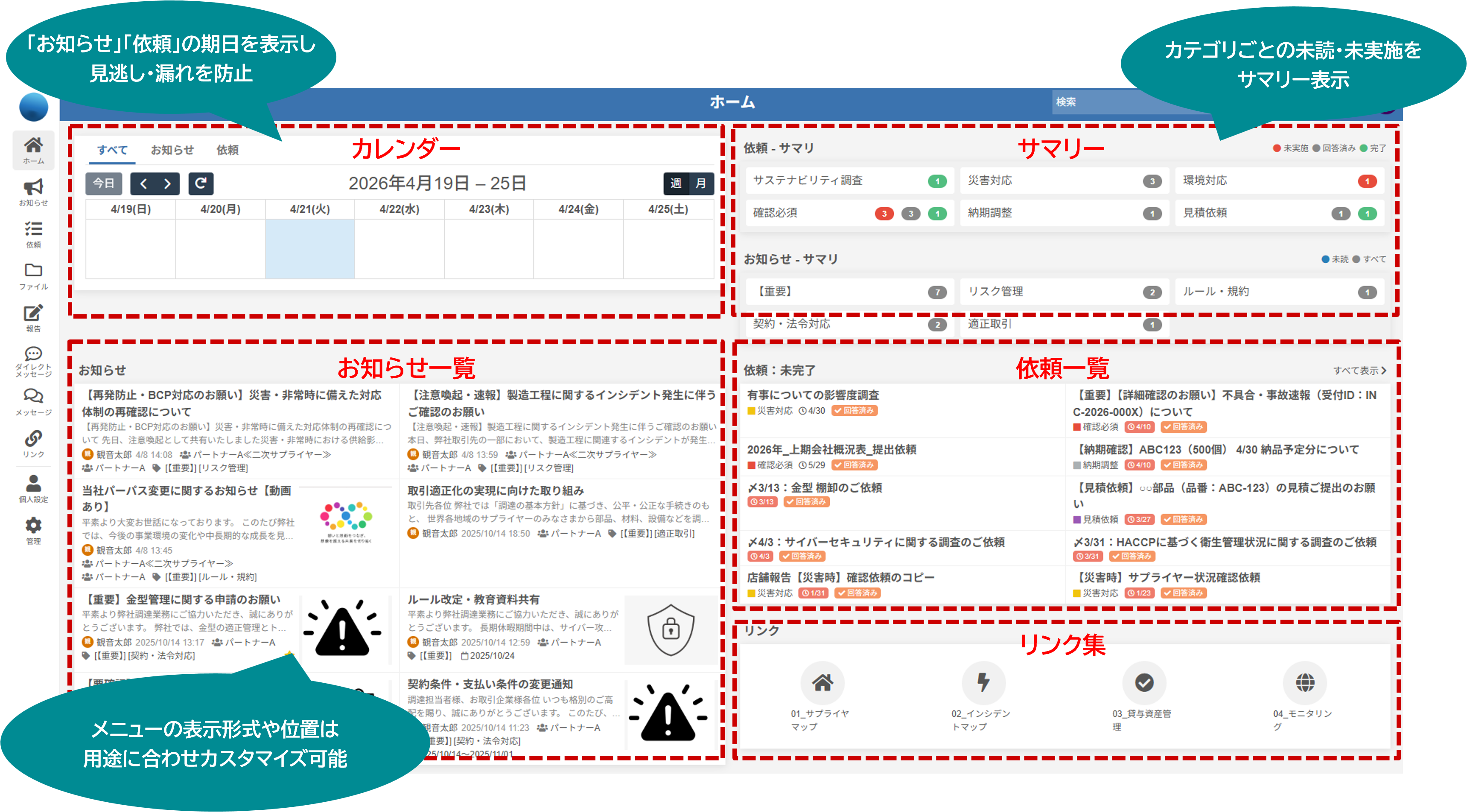 カレンダー(「お知らせ」「依頼」の期日を表示し見逃し・漏れを防止)/サマリー(カテゴリごとの未読・未実施をサマリー表示)/お知らせ一覧(メニューの表示形式や位置は用途に合わせカスタマイズ可能)/依頼一覧/リンク集