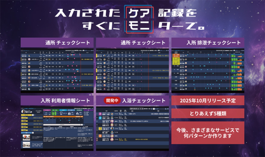 入力されたケア記錄をすぐにモニターで 通所チェックシート 通所チェックシート 入所排泄チェックシート 入所利用者情報シート 開発中 入浴チェックシート 2025年10月リリース予定 とりあえず5種類 今後、さまざまなサービスで何パターンか作ります