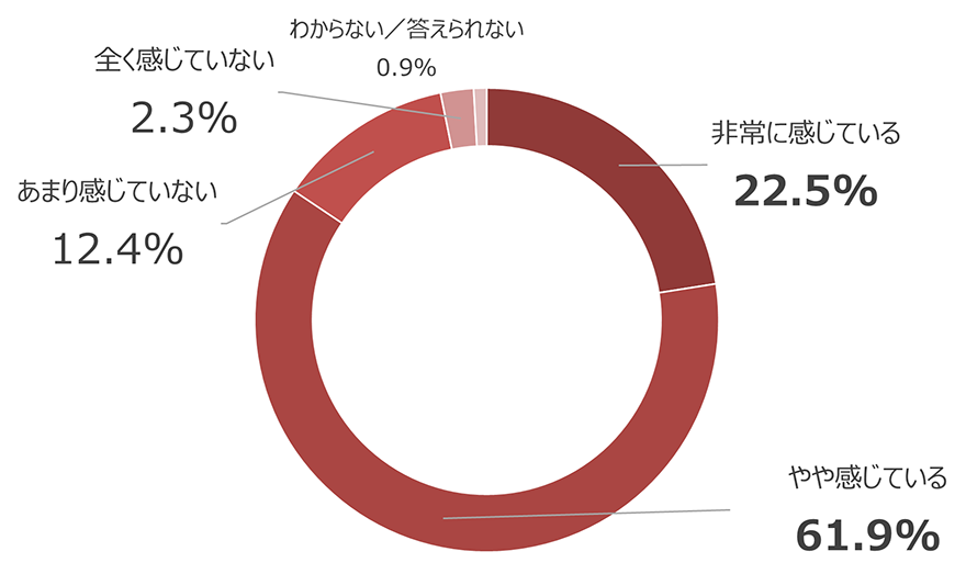 非常に感じている:22.5%、やや感じている:61.9%、あまり感じていない:12.4%、全く感じていない:2.3%、わからない/答えられない:0.9%