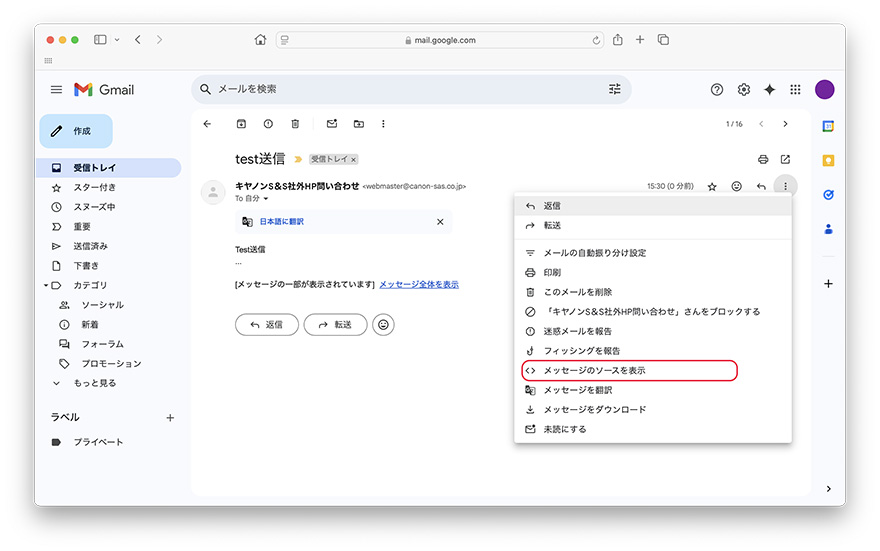 Gmailの場合はメッセージのソースを表示を選択