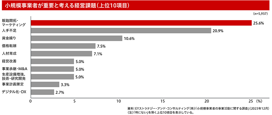 【小規模事業者が重要と考える経営課題(上位10項目)】販路開拓・マーケティング(25.6%)、人手不足(20.9%)、資金繰り(10.6%)、価格転嫁(7.5%)、人材育成(7.1%)、経営改善(5.0%)、事業継承・M&A(5.0%)、生産設備増強、技術・研究開発(5.0%)、事業計画策定(3.3%)、デジタル化・DX(2.7%) 資料:EYストラテジー・アンド・コンサルティング(株)「小規模事業者の事業活動に関する調査」(2023年12月)(注)「特にない」を除く上位10項目を表示している。
