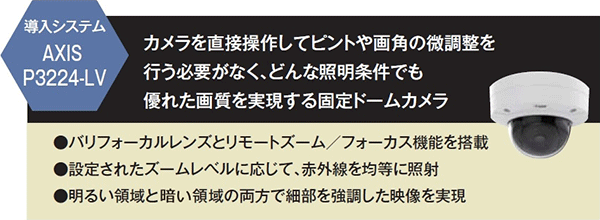 導入システム AXIS P3224-LV カメラを直接操作してピントや画角の微調整を行う必要がなく、どんな照明条件でも優れた画質を実現する固定ドームカメラ バリフォーカルレンズとリモートズーム／フォーカス機能を搭載 設定されたズームレベルに応じて、赤外線を均等に照射 明るい領域と暗い領域の両方で細部を強調した映像を実現