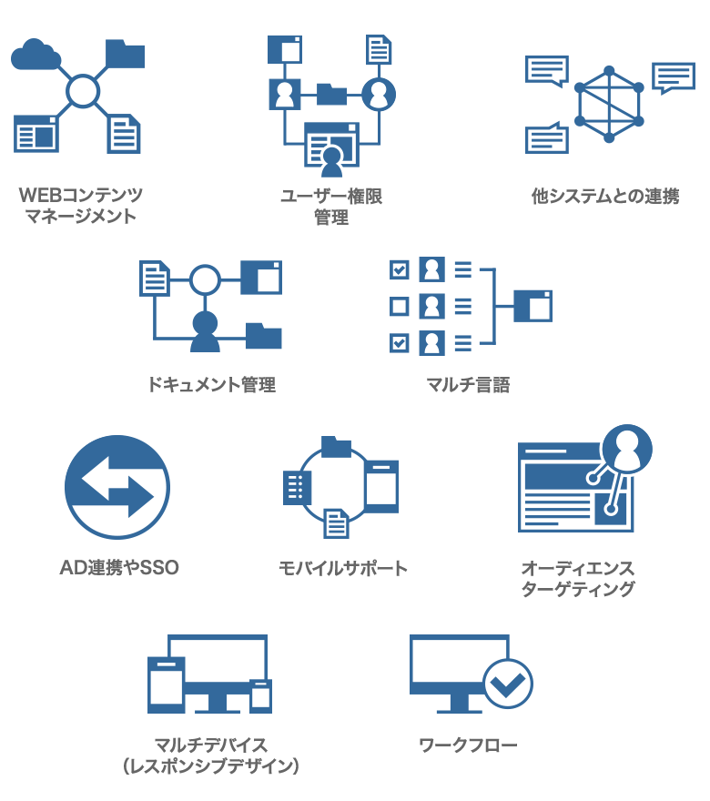 WEBコンテンツマネージメント、ユーザー権限管理、他システムとの連携、ドキュメント管理、マルチ言語、AD連携やSSO、モバイルサポート、オーディエンスターゲティング、マルチデバイス(レスポンシブデザイン)、ワークフロー