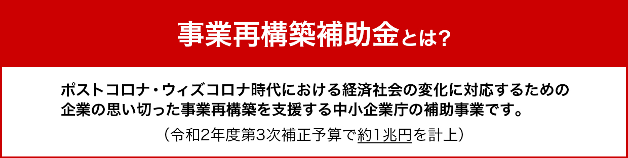 事業再構築補助金とは？ ポストコロナ・ウィズコロナ時代における経済社会の変化に対応するための企業の思い切った事業再構築を支援する中小企業庁の補助事業です。（令和2年度第3次補正予算で約1兆円を計上）