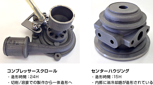 コンプレッサースクロール ・造形時間:24H ・切削/溶接での製作から一体造形へ センターハウジング ・造形時間:15H ・内部に油冷却路が造形されている
