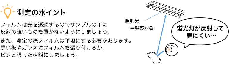フィルムは光を透過するのでサンプルの下に反射の強いものを置かないようにしましょう。また、測定の際フィルムは平坦にする必要があります。黒い板やガラスにフィルムを張り付けるか、ピンと張った状態にしましょう。