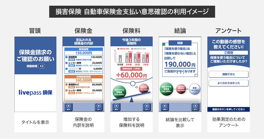 損害保険 自動車保険金支払い意思確認の利用イメージ 冒頭:タイトルを表示 保険金:保険金の内訳を説明 保険料:増加する保険料を説明 結論:結論を比較して表示 アンケート:効果測定のためのアンケート