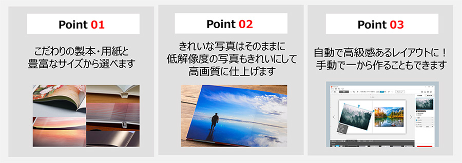 Point01：こだわりの製本・用紙と豊富なサイズから選べます Point02：きれいな写真はそのままに低解像度の写真もきれいにして高画質に仕上げます Point03：自動で高級感あるレイアウトに！手動で一から作ることもできます