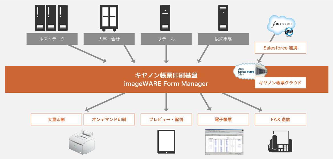 ホストデータや人事・会計、リテール、後続事務などの情報をキヤノン帳票印刷基盤(imageWARE Form Manager)に集約し、force.com(Salesforce)の連携でキヤノン帳票クラウドにデータをまとめ、大量印刷やオンデマンド印刷、プレビュー・配信、電子帳票、FAX送信などで出力が可能です。