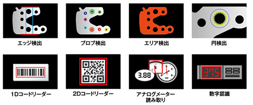 エッジ検出 ブロブ検出 エリア検出 円検出 1Dコードリーダー 2Dコードリーダー アナログメーター読み取り 数字認識