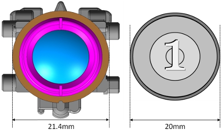 レンズユニット（21.4mm）と1円玉（20mm）の比較