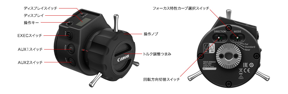 ディスプレイスイッチ ディスプレイ 操作キー EXECスイッチ AUX1スイッチ AUX2スイッチ 操作ノブ トルク調整つまみ フォーカス特性カーブ選択スイッチ 回転方向切替スイッチ
