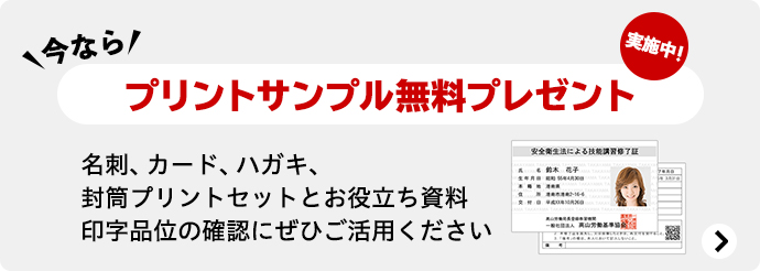 今なら、プリントサンプル無料プレゼント実施中!名刺、カード、ハガキ、封筒プリントセットとお役立ち資料印字品位の確認にぜひご活用ください