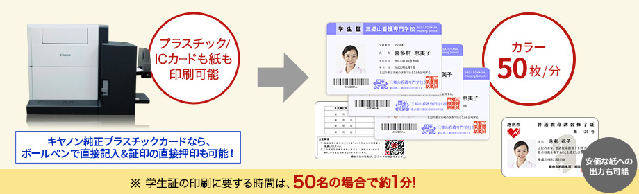 プラスチック/ICカードも紙も印刷可能 カラー約50枚/分 キヤノン純正プラスチックカードなら、ボールペンで直接記入&証印の直接押印も可能! 安価な紙への出力も可能 ※学生証の印刷に要する時間は、50名の場合で約3分!
