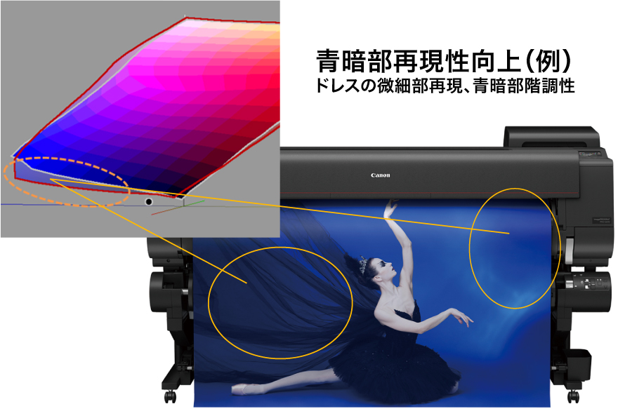 青暗部再現性向上(例)ドレスの微細部再現、青暗部階調性