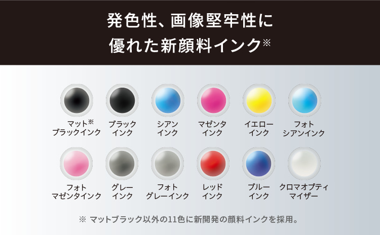 発色性、画像堅牢性に優れた新顔料インク※ マットブラックインク※、ブラックインク、シアンインク、マゼンタインク、イエローインク、フォトシアンインク、フォトマゼンタインク、グレーインク、フォトグレーインク、レッドインク、ブルーインク、クロマオプティマイザー（※マットブラック以外の11色に新開発の顔料インクを採用。）
