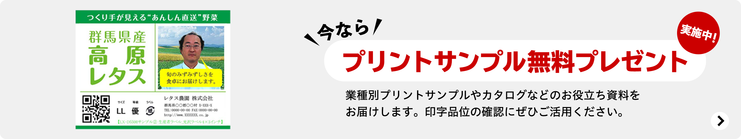 今なら プリントサンプル無料プレゼント実施中！ 業種別プリントサンプルやカタログなどのお役立ち資料をお届けします。印字品位の確認にぜひご活用ください。