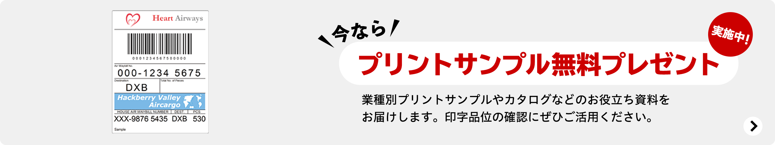 今なら プリントサンプル無料プレゼント実施中！ 業種別プリントサンプルやカタログなどのお役立ち資料をお届けします。印字品位の確認にぜひご活用ください。