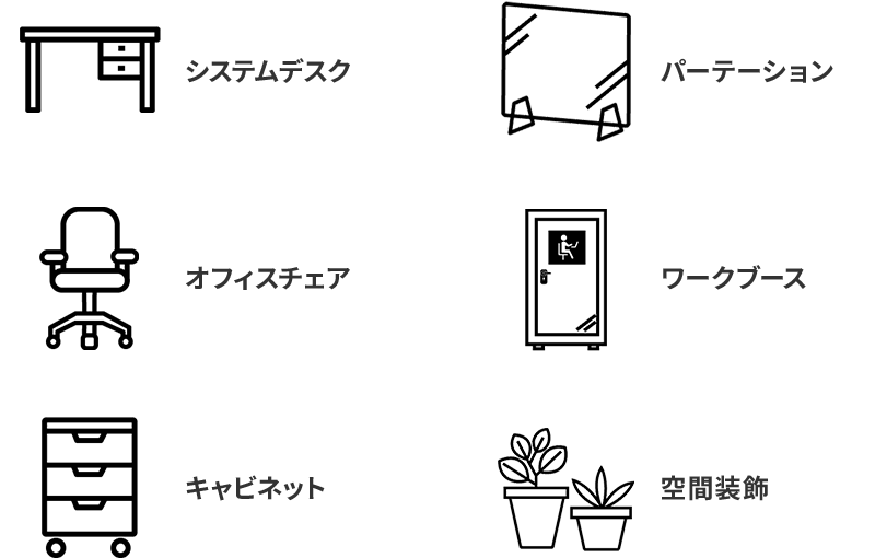 システムデスク、パーテーション、オフィスチェア、ワークブース、空間装飾、キャビネット