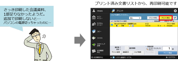 プリント済み文書リストから、再印刷可能です。