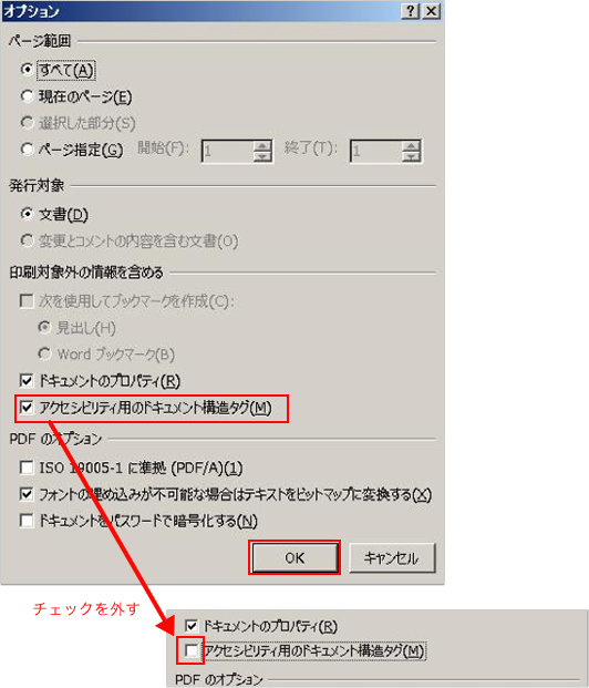 5. アクセシビリティ用のドキュメント構造タグ(M)のチェックを外します