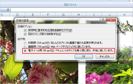 4．	「圧縮の設定」ウィンドウが開きます。「圧縮オプション」は2つの項目にチェックが入った状態のまま、「出力先」の項目で「電子メール用（96ppi）:ドキュメントのサイズを最小限に抑え、共有に適しています。」にチェックし、「OK」ボタンをクリックします。