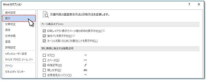 手順② 表示された【オプション】画面の左メニューから [表示] をクリックします。
