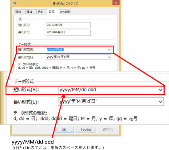 5.	形式のカスタマイズ画面が開くので、データ形式の「短い形式（S）：」の欄に下記のようにdddを追記します。