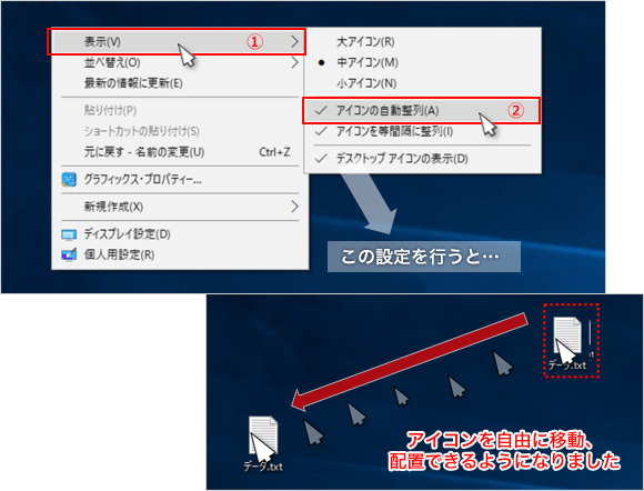 1.デスクトップ上の何もないところを右クリックして、ショートカットメニューの［表示］にカーソルを合わせます（①）。表示されたメニューの［アイコンの自動整列］にチェックがついている場合はクリックし、チェックを消します（②）。