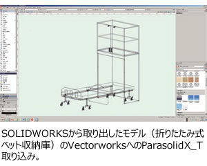 SOLIDWORKSから取り出したモデル(折りたたみ式ベッド収納庫)のVectorworksへのParasolidX_T取り込み。
