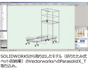 SOLIDWORKSから取り出したモデル（折りたたみ式ベッド収納庫）のVectorworksへのParasolidX_T取り込み。