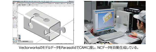 VectorworksのモデルデータをParasolidでCAMに渡し、NCデータを自動生成している。