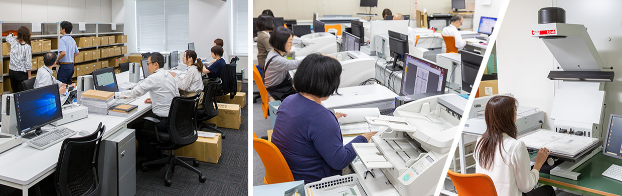 お客さまの原稿をBPOセンターに送付。BPOセンターでスキャン・電子化。クラウドアップロード・メディア納品などでお客さまに納品。