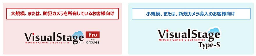 大規模、または、防犯カメラを所有しているお客様向け Network Camera Cloud Service VisualStage Pro arcules/小規模、または、新規カメラ導入のお客様向け Network Camera Cloud Service VisualStage Type-s