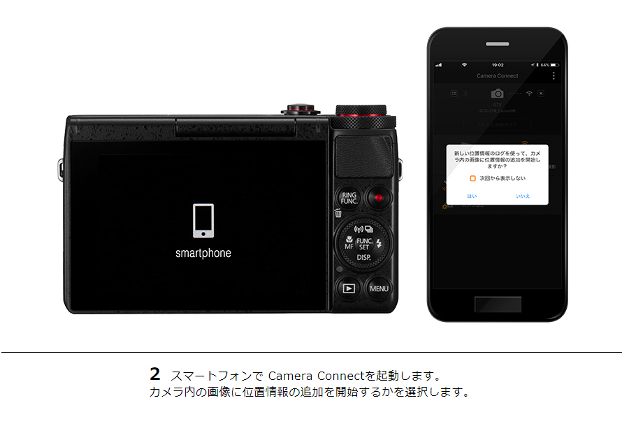 2 スマートフォンで Camera Connectを起動します。カメラ内の画像に位置情報の追加を開始するかを選択します。