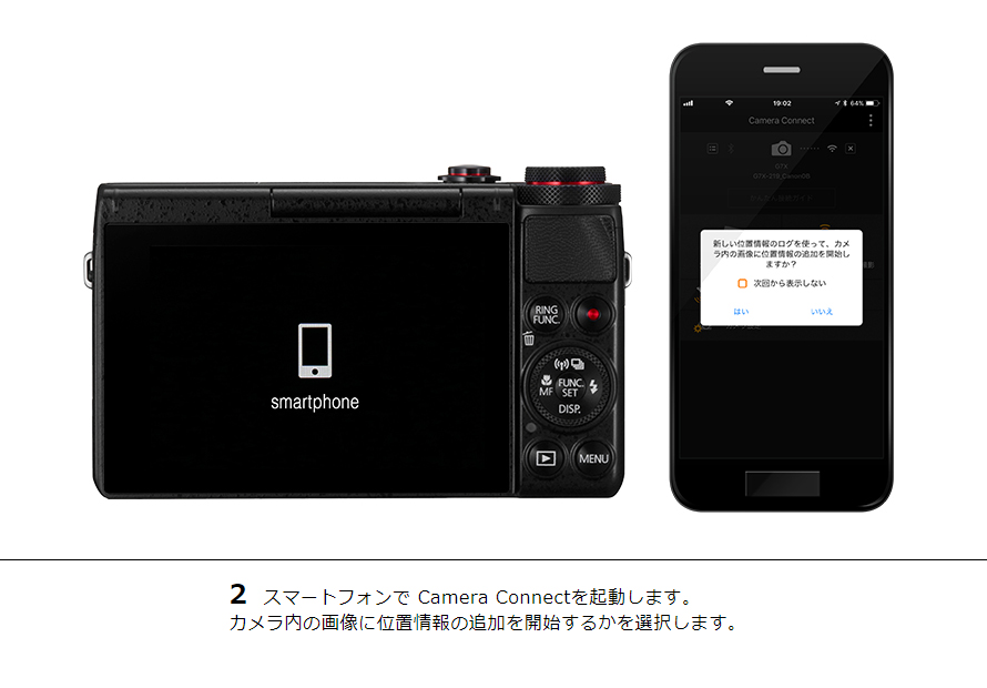 2 スマートフォンでCamera Connectを起動します。カメラ内の画像に位置情報の追加を開始するかを選択します。