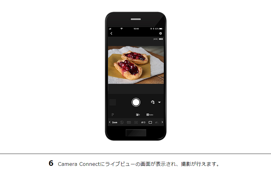 6 Camera Connectにライブビューの画面が表示され、撮影が行えます。