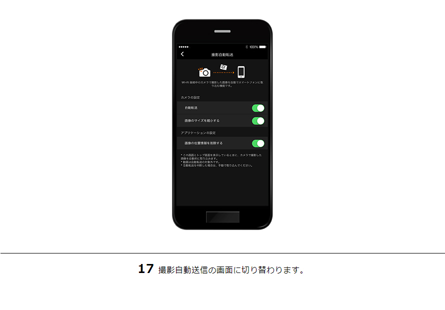 17撮影自動送信の画面に切り替わります。