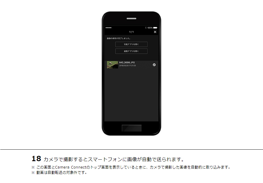 18カメラで撮影するとスマートフォンに画像が自動で送られます。※ この画面とCamera Connectのトップ画面を表示しているときに、カメラで撮影した画像を自動的に取り込みます。※ 動画は自動転送の対象外です。