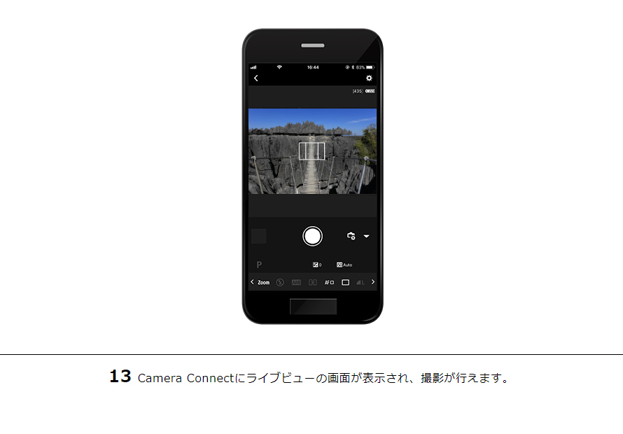 13Camera Connectにライブビューの画面が表示され、撮影が行えます。