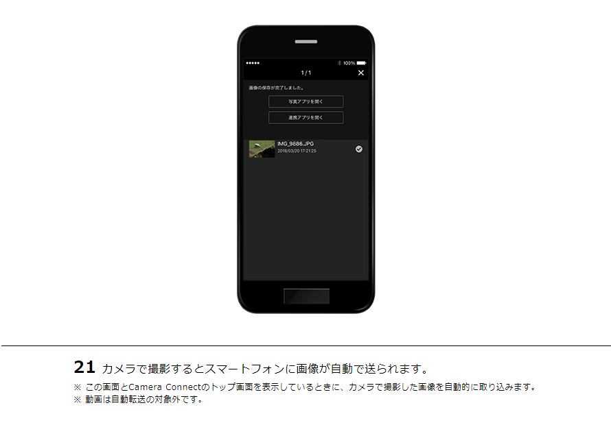 21カメラで撮影するとスマートフォンに画像が自動で送られます。※ この画面とCamera Connectのトップ画面を表示しているときに、カメラで撮影した画像を自動的に取り込みます。※ 動画は自動転送の対象外です。