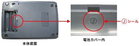 写真：本体底面、電池カバー内の丸い「J」シールの貼付位置