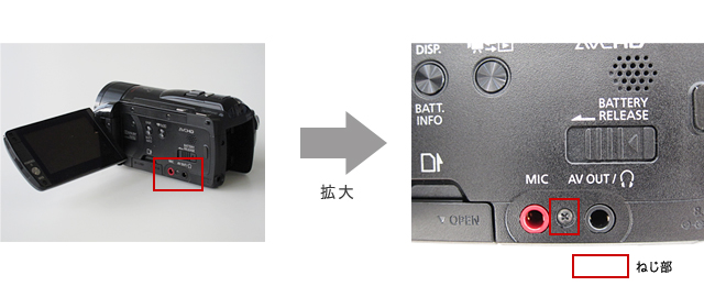 本体右カバーの「MIC」と「AV/OUT」の間にあるねじ