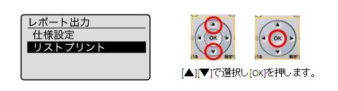 本体液晶の表示内容（レポート出力）と、そこでの画面操作を説明する操作パネル写真